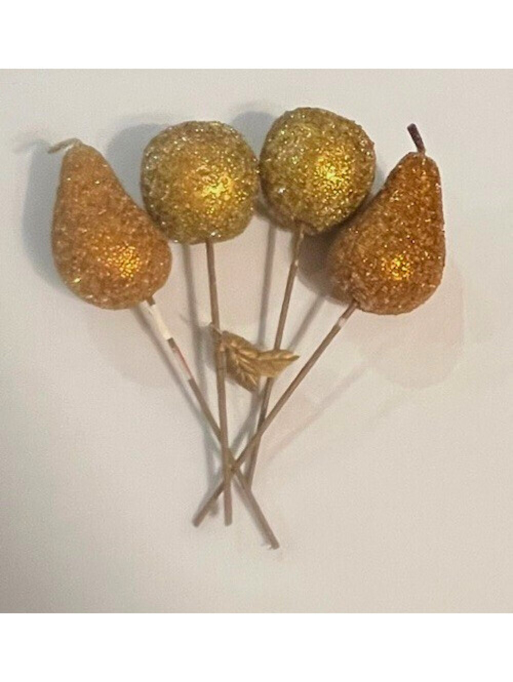 Gold Glitter Sugared Decorative Fruit Picks Pear & Apple, Plastic, Set of 5